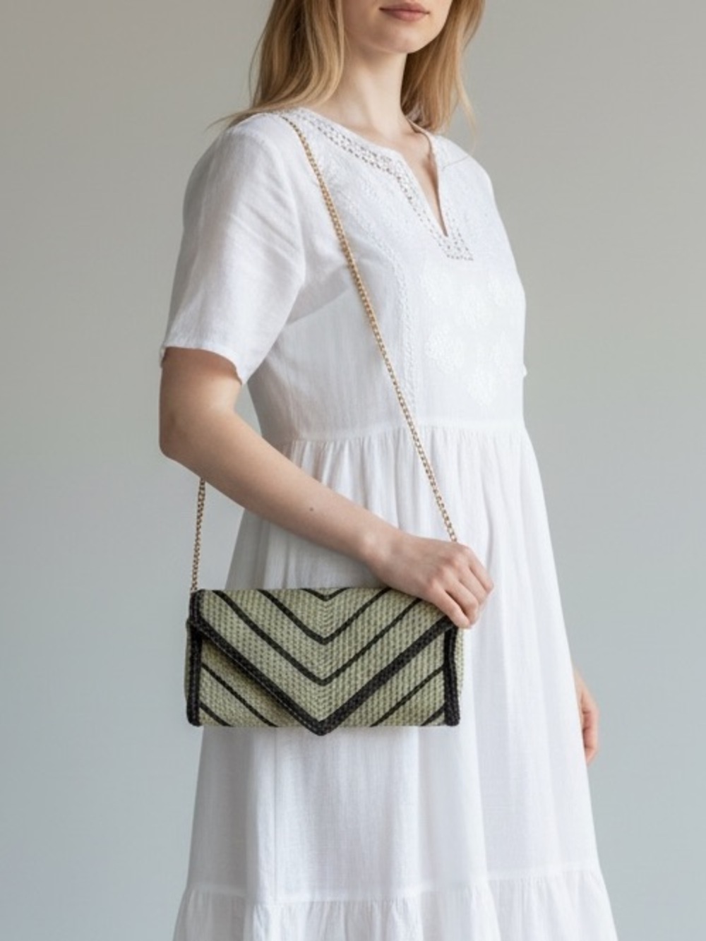 Handmade In Italy Woven Chevron Envelope Clutch Crossbody W Gold Chain Strap